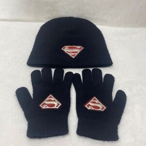 VTG Childs Superman Knit Beanie Hat Gloves Set Black Red‎ S Shield Logo Winter